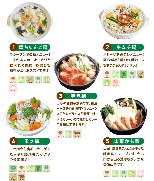1.塩ちゃんこ鍋/2.キムチ鍋/3.芋煮鍋/4.モツ鍋/5.山菜かも鍋